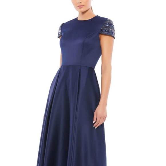 MAC DUGGAL 55699 HIGH NECK CAP SLEEVE TEA LENGTH MIDNIGHT NAVY MIDI DRESS sz 6